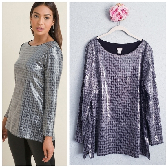 Chicos Houndstooth Sequin Long Sleeve Tunic - Picture 1 of 9